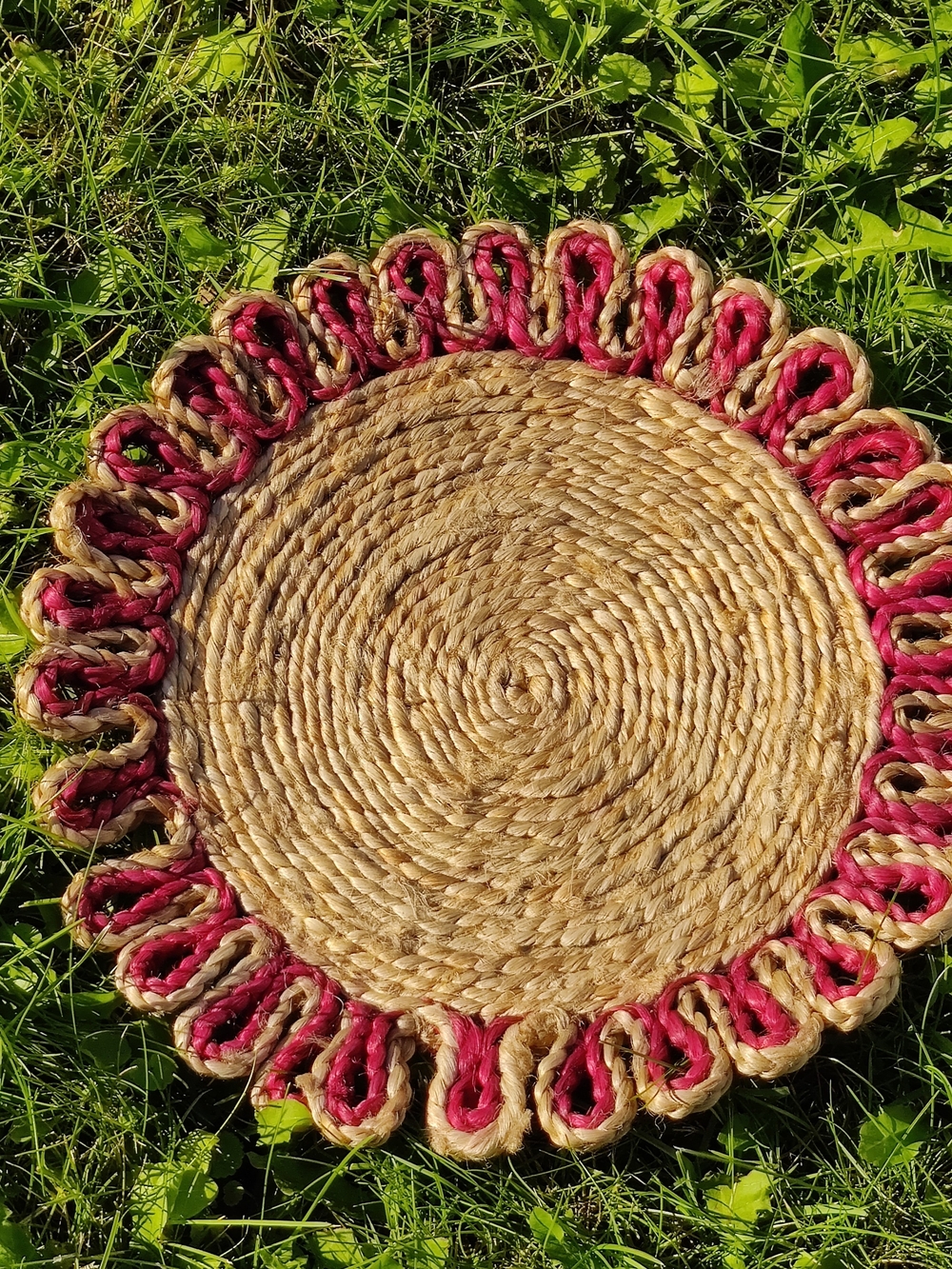 Handwoven Natural Jute Round Placemat with Red Accent